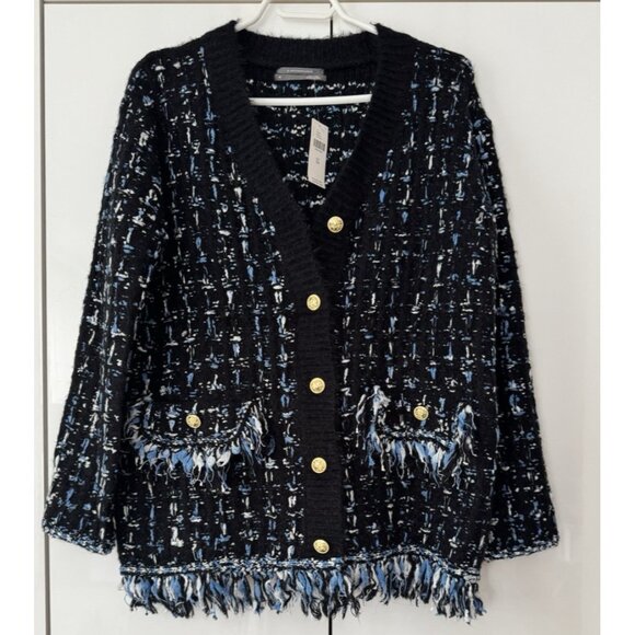NWT Size XS (P2P 22") - Anthropologie Tweed Fringe Cardigan (Chanel Vibe) - Picture 1 of 16
